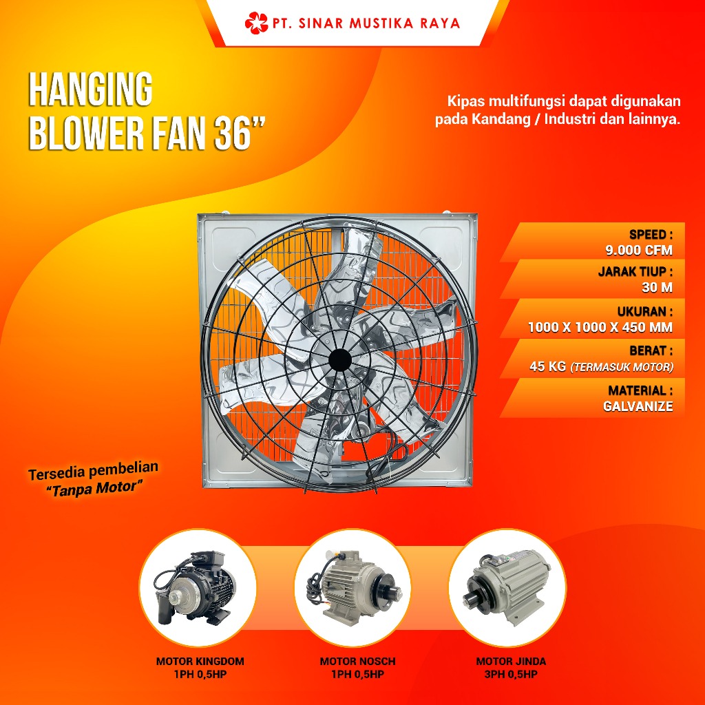 Kipas Blower Tiup Gantung Box Fan 36 Inch 1 / 3 Phase Pabrik Industri Motor Jinda / Kingdom / Nosch