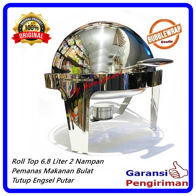 Wadah Saji Prasmanan Roll Top Bulat Stainless Tebal Tutup Engsel Putar 6.8 Liter