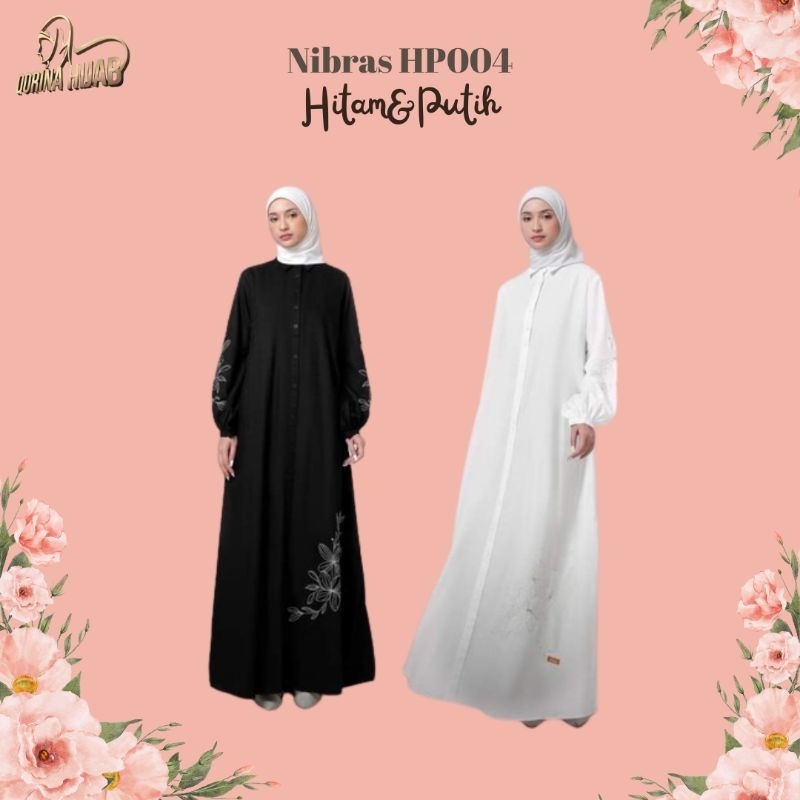 Nibras hp 004, gamis nibras, gamis dewasa, gamis kekinian, gamis hitam, gamis putih