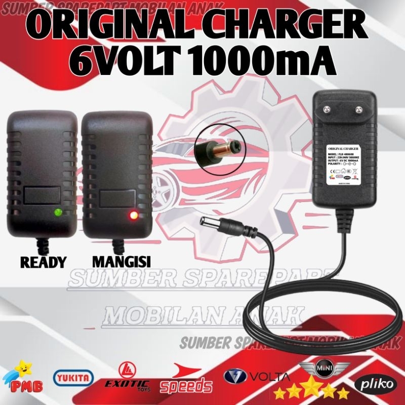 CHARGER ORIGINAL 6VOLT 1000mA MOBIL AKI ANAK MOTOR AKI ANAK PLIKO YUKITA PMB MINI SPEEDS VOLTA RASTA