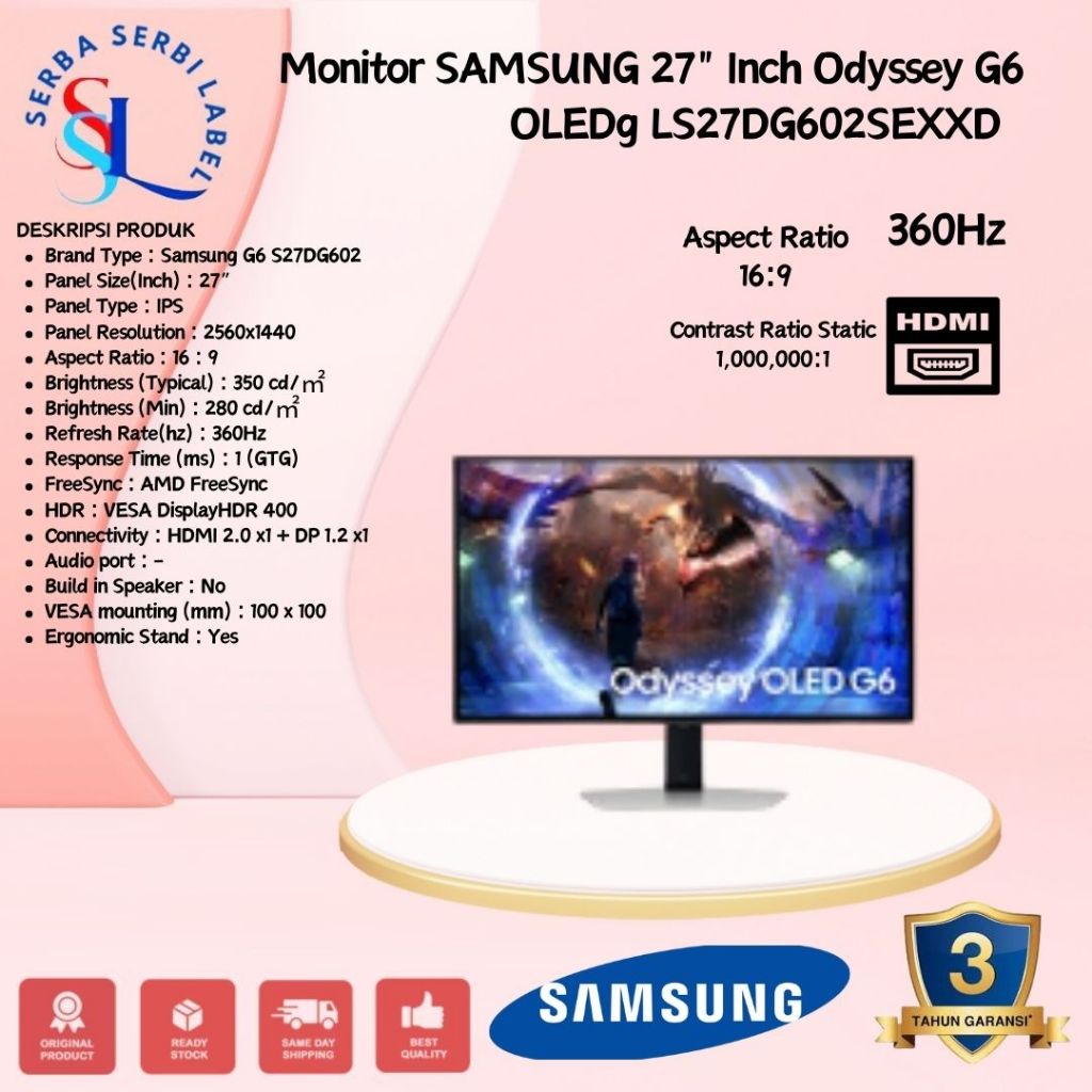 Monitor Samsung Odyssey OLED G6 27" G60SD OLED 360Hz QHD HAS Gaming - 27, MONITOR