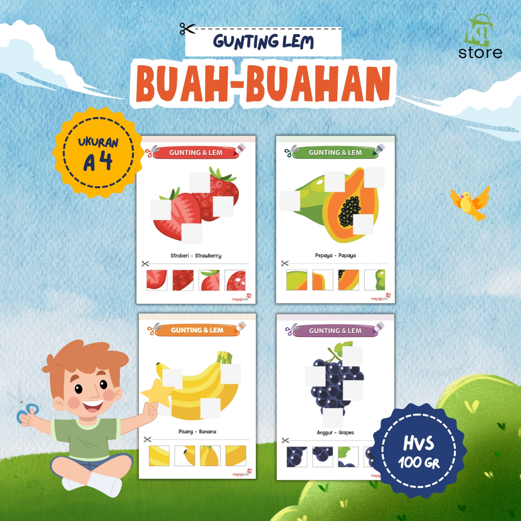 

Kawan Pustaka - Lembar Aktivitas Gunting dan Lem - Tema Buah-buahan - Ukuran A4 - Kertas HVS Tebal 100 Gram