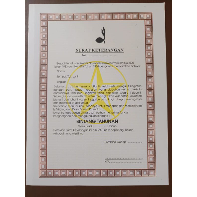 

Sertifikat pramuka Bintang tahunan (kuning)