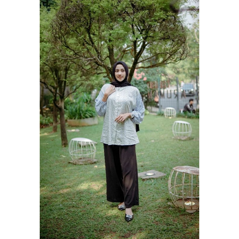 Kemeja Rayon Viscose Motif Bunga Salur Premium Atasan Blouse Wanita