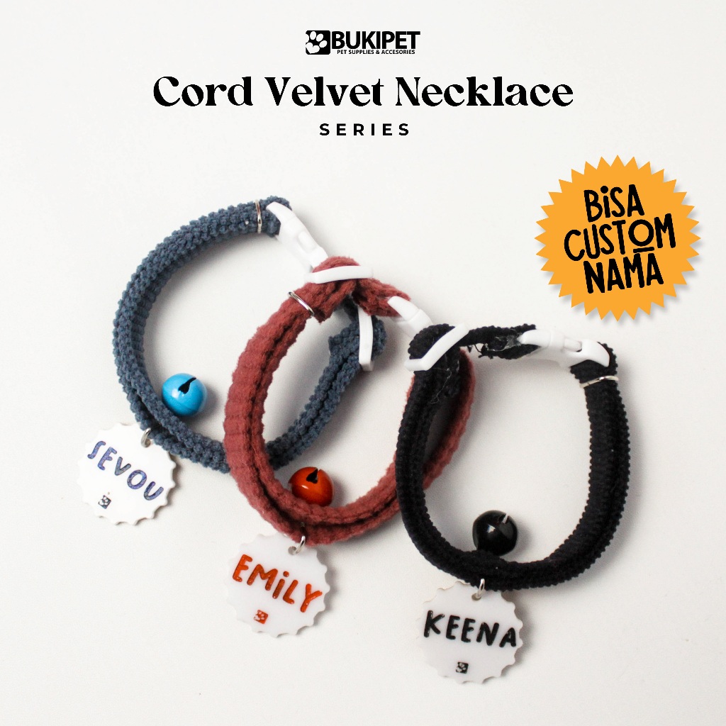 Kalung Kucing Nama Custom Lonceng Besar - Bukipet Cord Velvet Neclace