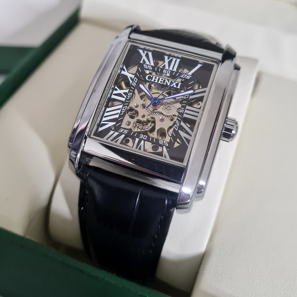 CHENXI Velocitas Jam Tangan Pria Original Automatic Mekanik Kotak Silver Hitam Tanpa Baterai Kulit