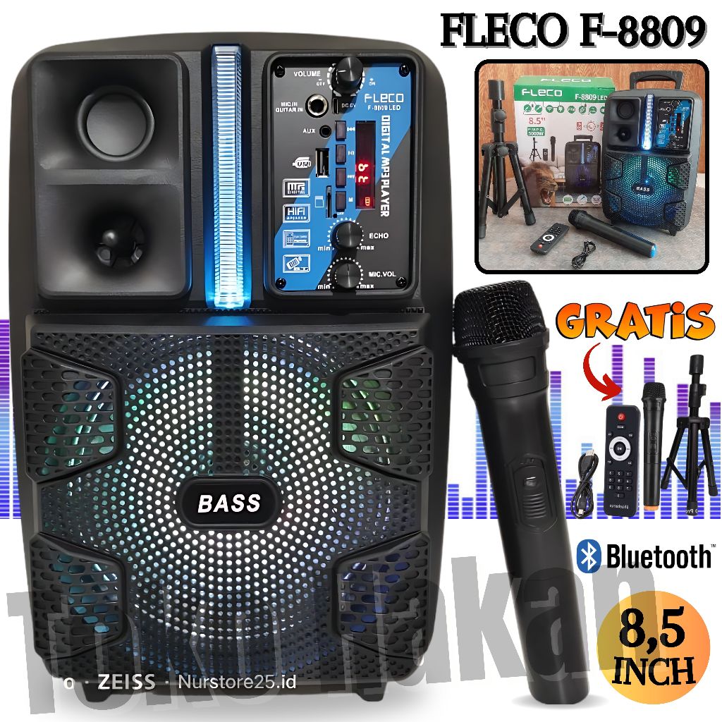 Speaker Bluetooth Fleco F-8809 Led / Speaker 8,5 Inch Bonus Mic Wireles + Stand Speaker + Remote - S