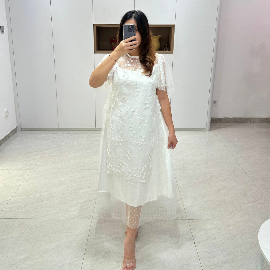 Dress gaun wanita remaja putih polos mewah casual Valerie Bordir Mutiara Panjang Satin Tile Velvet P