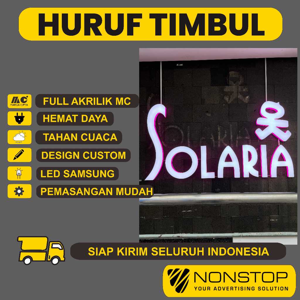 Huruf Timbul Menyala Tinggal Pasang LED Samsung Premium Bahan Full Akrilik Sudah Free Bracket Tempel