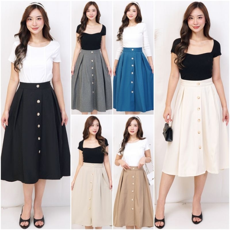 ‼️ READY ¤ BEST SELLER ‼️ SHELICIOUSROOM PREMIUM LOKAL ¤ MICHELLE VINTAGE BUTTON FLARE MIDI SEMIWOOL