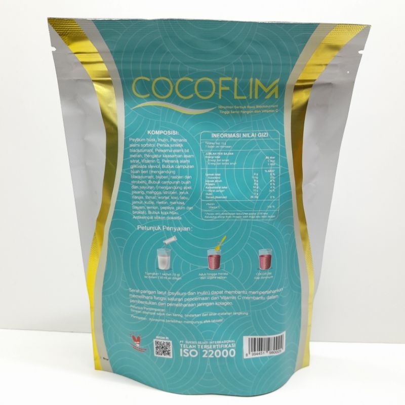 

Cocoflim minuman serbuk rasa blackcurrant tinggi serat pangan dan vitamin C kemasan plastik isi 7 sachet 15gr