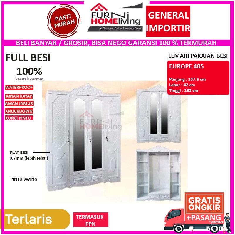 EUROPE 405 Lemari Pakaian Besi 4 Pintu Putih Ukir Klasik Classic