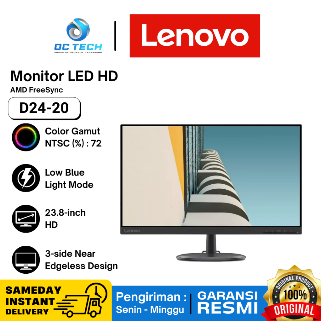 Monitor Lenovo D24 D24-20 LED 24 inch 1080p VGA HDMI 75Hz FreeSync Monitor PC Komputer Garansi Resmi