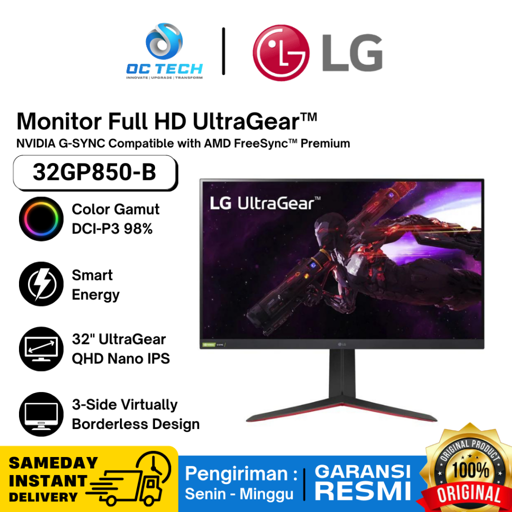 Monitor LG UltraGear 32GP850-B 32 inch QHD IPS 165Hz HDR G-SYNC Monitor Gaming PC Original Garansi