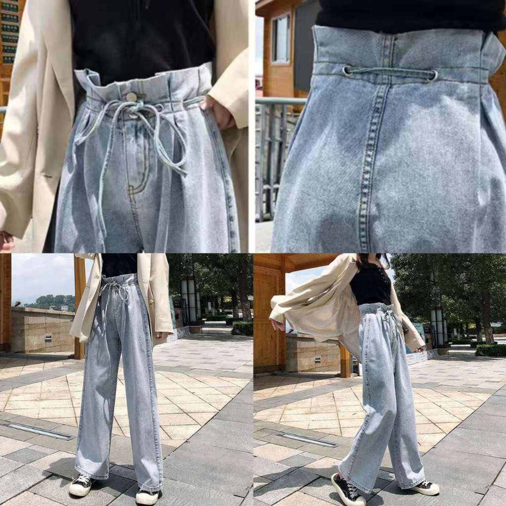 Celana Wnita Denim Jeans Biru Highwaist Pinggang Belt Tali