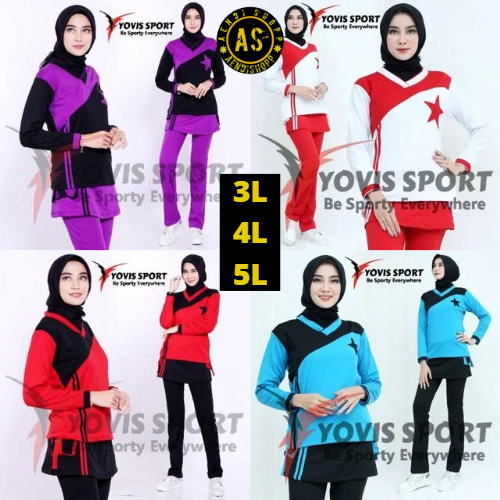 Baju Set Olahraga Senan Wanita Muslim Jumbo Setelan Aerobic Zumba Cewek Merah Putih Yovis Sport