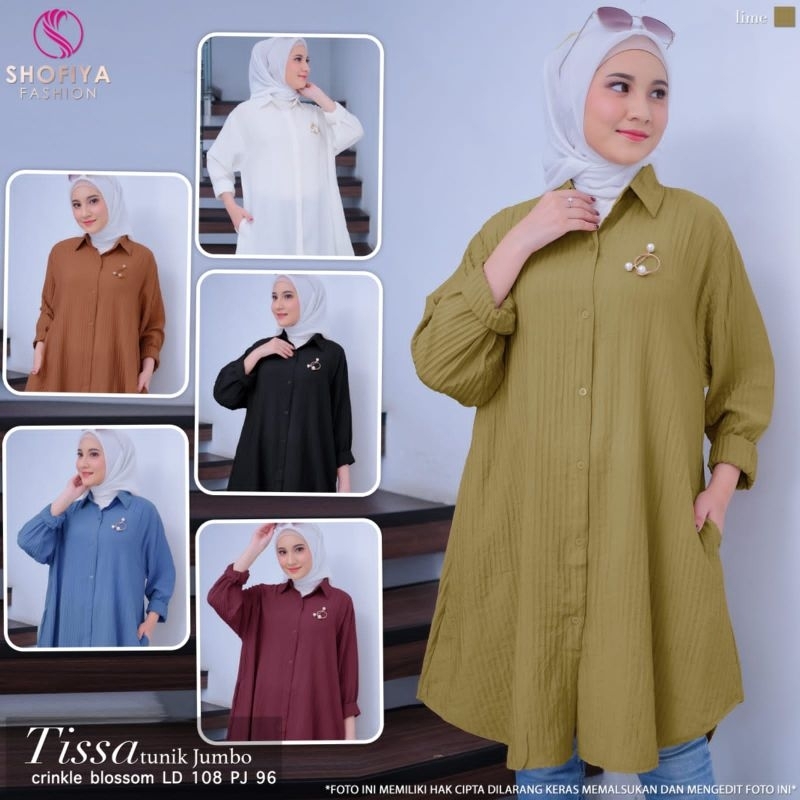 {Realpict} Nemri tunik rayon polos atasan wanita lengan panjang tunik kancing depan full