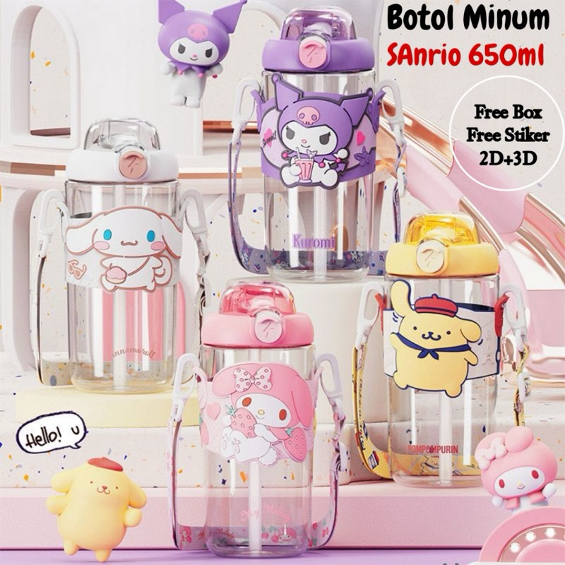 BOTOL MINUM ANAK SANRIO/ BOTOL MINUM VIRAL ANAK SEKOLAH TK SD TRITAN TALI SEDOTAN 650ML TEBAL/ BOTOL