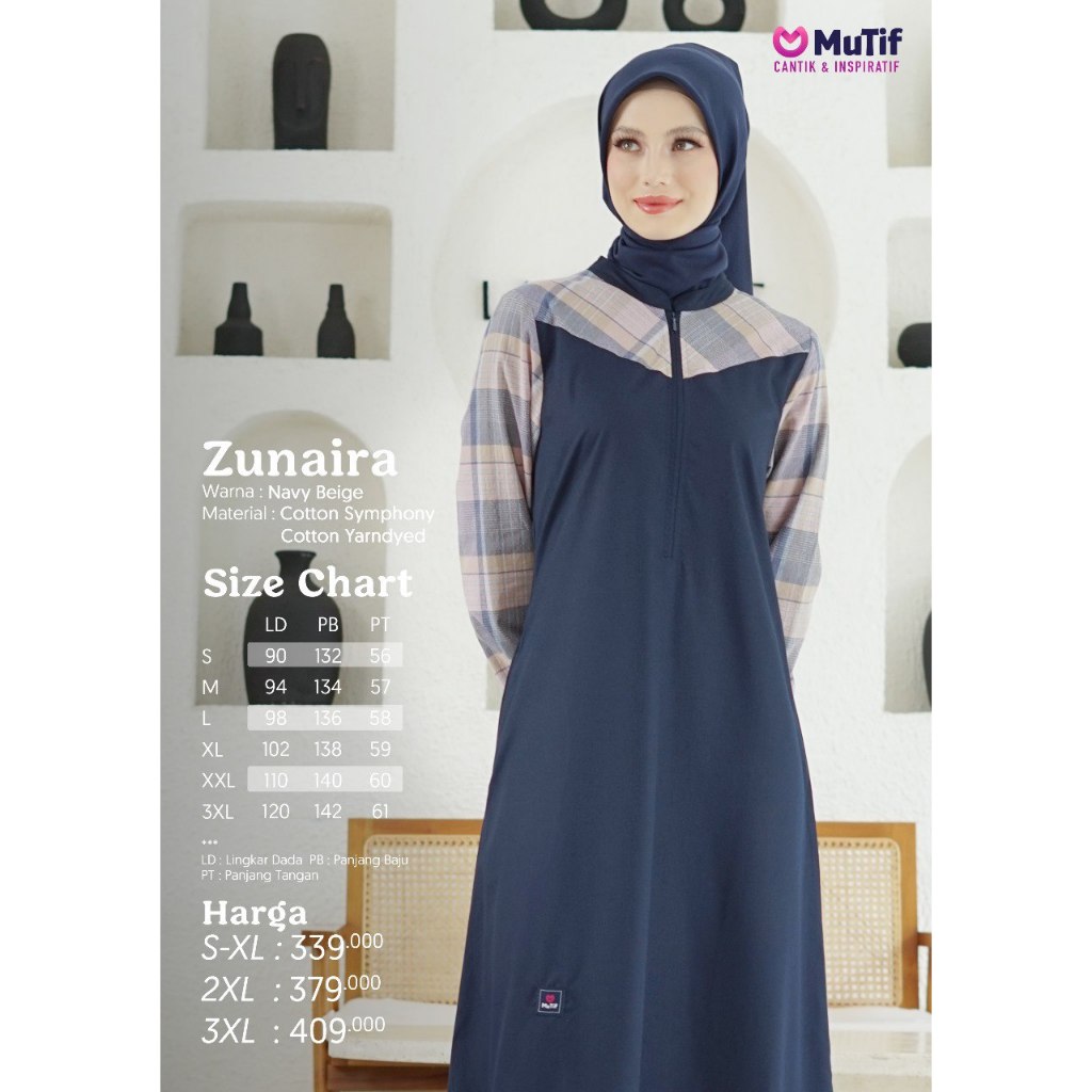 GAMIS WANITA TERBARU MUTIF ZUNAIRA NAVY BEIGE | GAMIS DEWASA ORIGINAL MUTIF