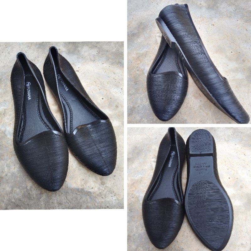 Sepatu Flat Shoes Karet Jelly Wanita Kuliah Kerja Santai l Sepatu Selop FUHAHA Lentur