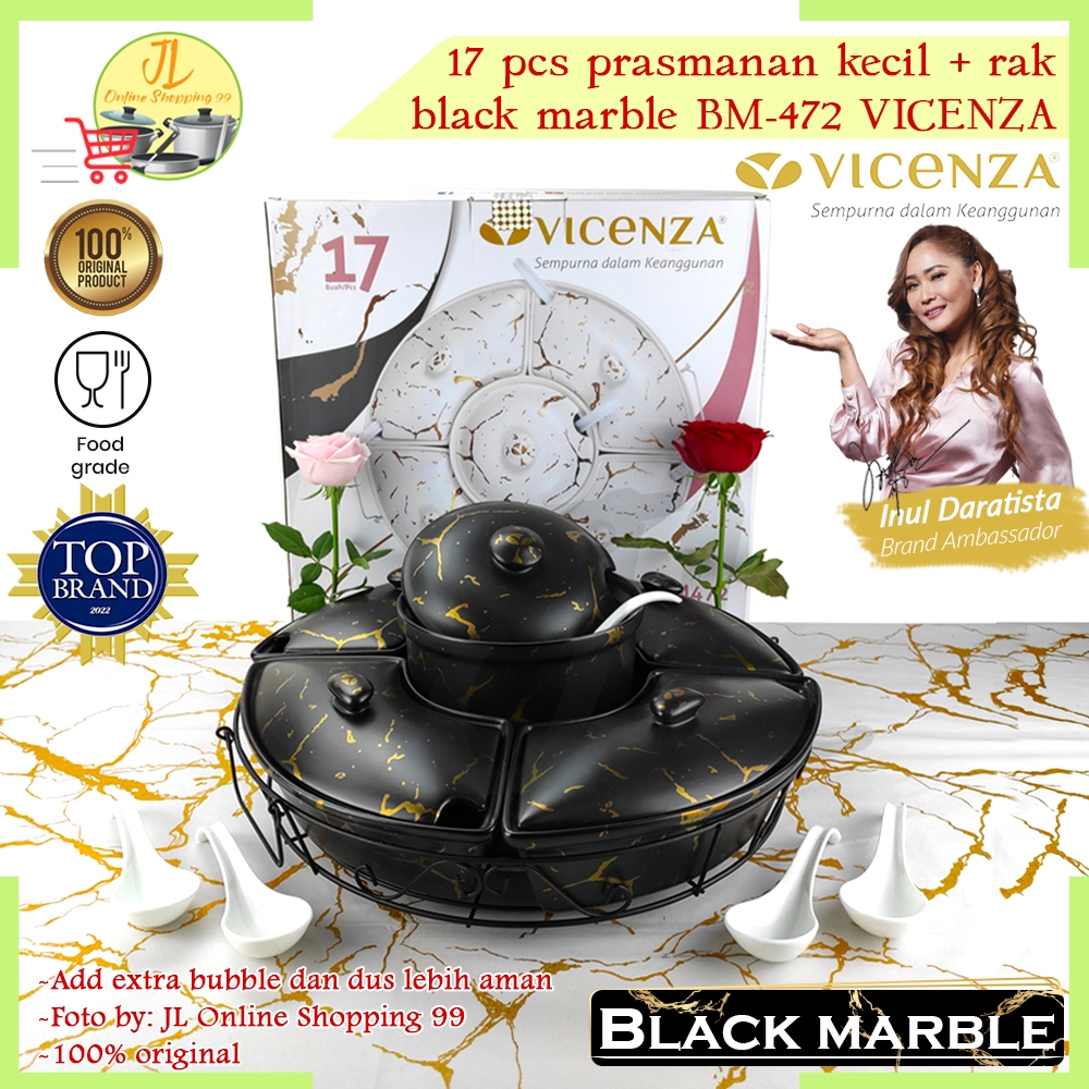 VICENZA 17pcs prasmanan set bulat motif black marble BM-472/ wadah saji putar keramik lengkap + send