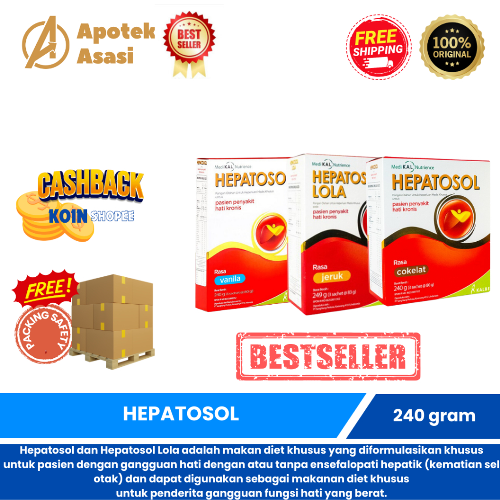 

Hepatosol Vanilla/Coklat/Lola Orange 240gr / Hepatosol Makanan Diet untuk Penderita Gangguan Hati