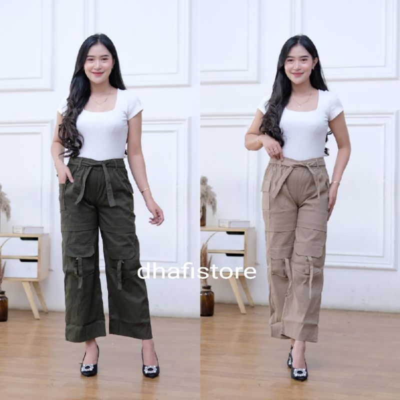 Celana Kulot  Cargo higwaist Wanita Korean Style Twill Stretch Premium
