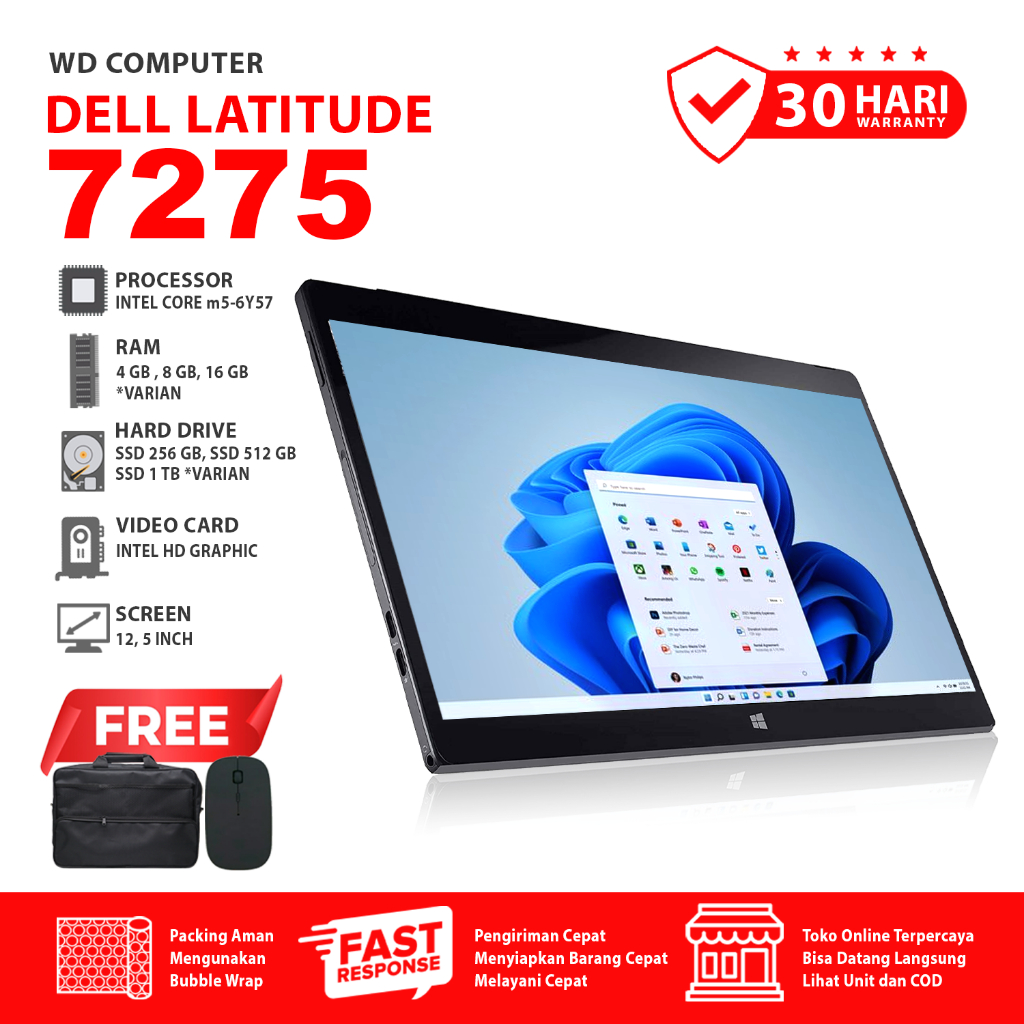 Dell Latitude 7275 2 in 1 Tablet Touchscreen I Core M5-6Y57 I Ram 8 Gb Ssd 256 Gb I Bonus Mouse Tas