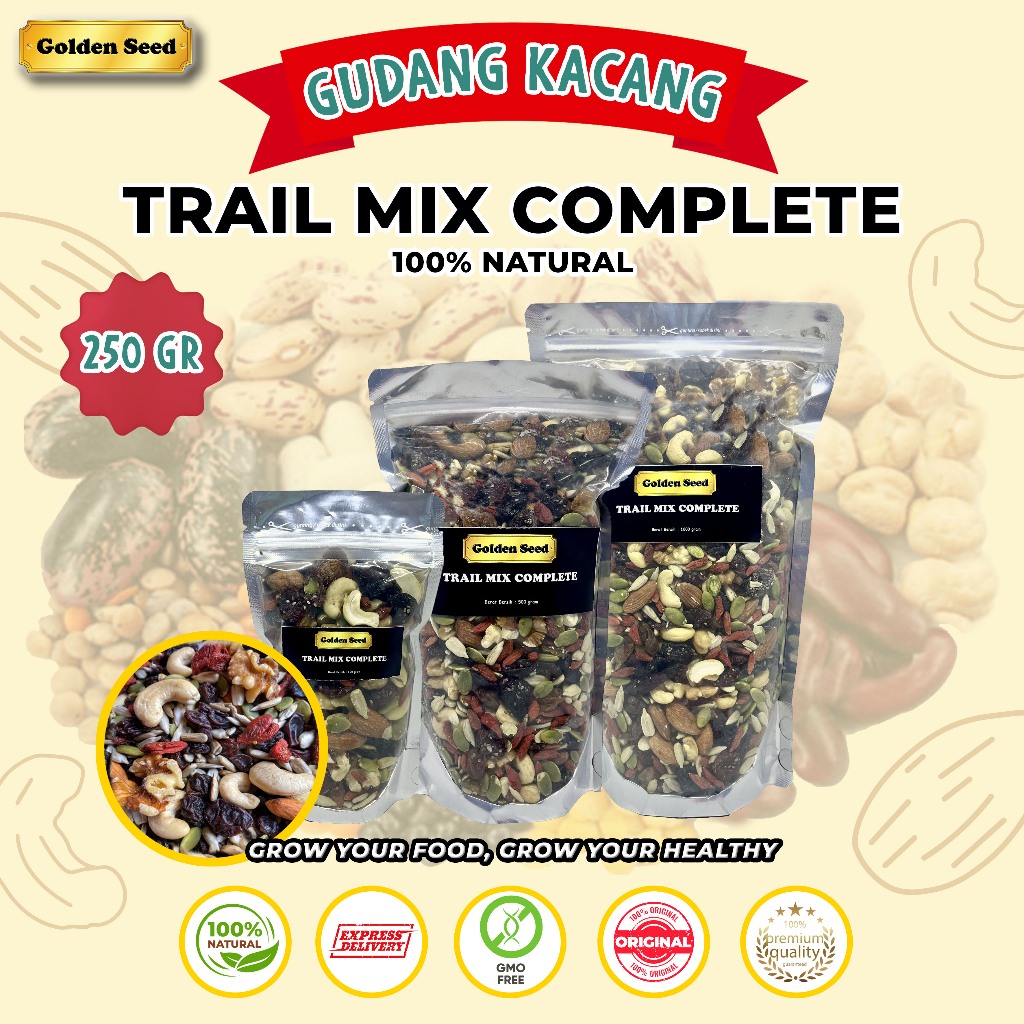 

TRAIL MIX COMPLETE 250 GR/trail mix premium 250GR/trail mix cemilan sehat 250 GRAM (almond panggang,sunflower panggang,pumpkin panggang,mede panggang,walnut panggang,chiaseed,dark raisin,golden raisin,cranberry,gojiberry)