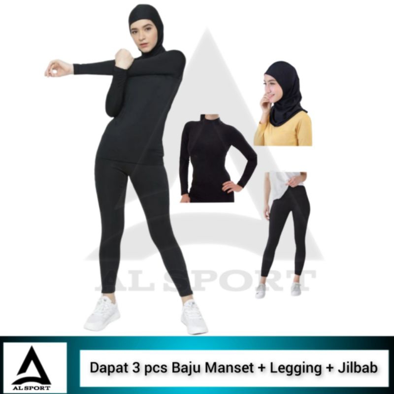 Full set Olahraga Wanita Baju Manset Lengan Panjang Legging Street Panjang Jilbab Sport Senam Lari G