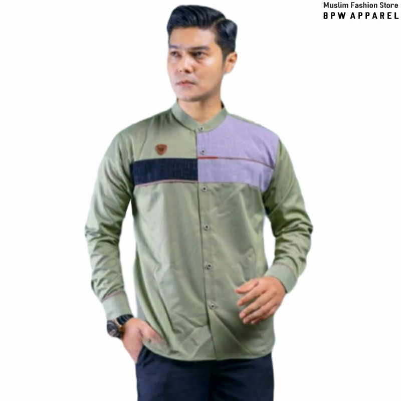 Baju Koko Pria Dewasa F&R Lengan Panjang Abizar Kemeja Koko Hadroh Model Terbaru Hijau Sage