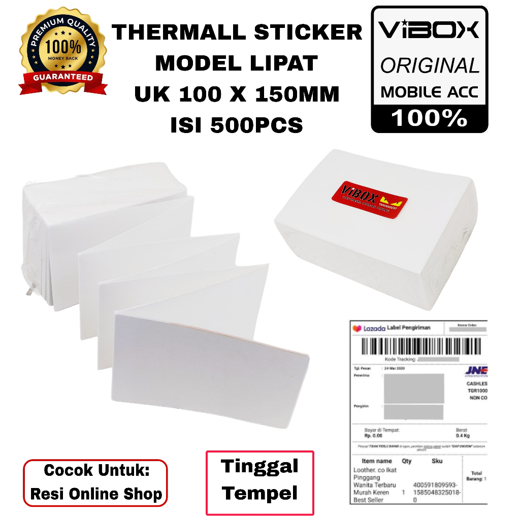 

( isi 500Pc ) Vibox Kertas Thermal Lipat/Gulung Label Barcode Lipat 100 X 150 mm High Quality Resi Online Shop Terlaris SML