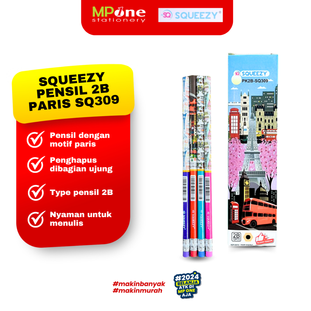 

(1 KOTAK) Squeezy Pensil 2B + Penghapus / Pensil Motif Paris Lucu Squeezy 2B SQ-309 Isi 12PCS