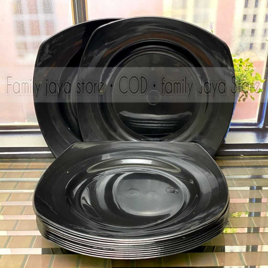 (12pcs) Piring Makan Kotak Plastik Warna Hitam | Piring Plastik