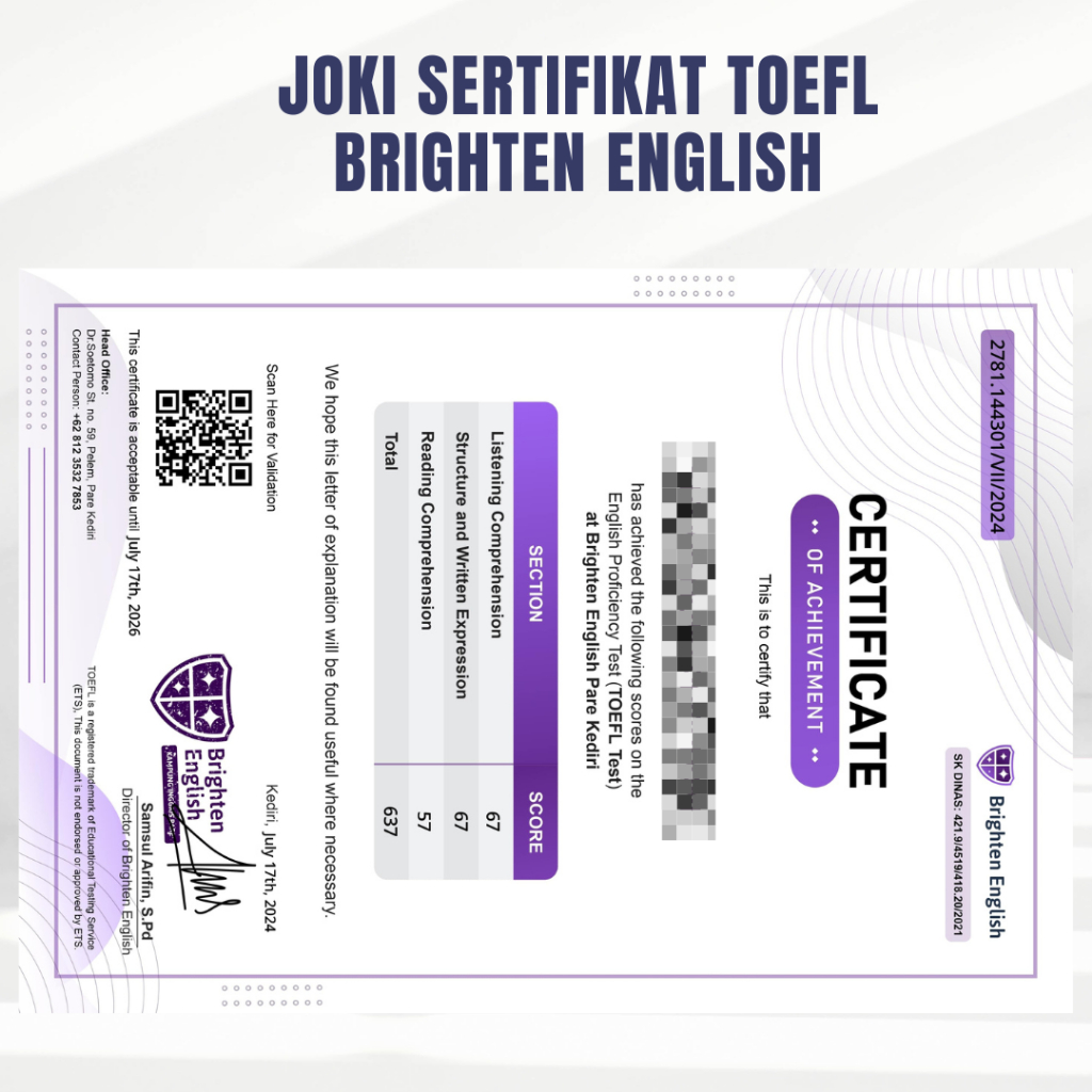 SERTIFIKAT TOEFL PREPARATION BRIGHTEN ENGLISH RESMI TEKNIS ONLINE