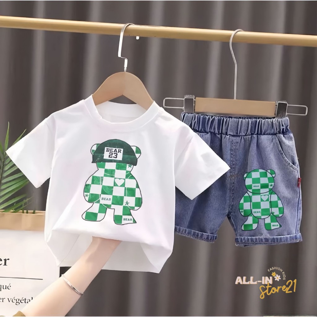 SETELAN ANAK DAMIER LV 1-5 TAHUN PAKAIAN KAOS ANAK CELANA DENIM TERBARU SETELAN MOTIF DAMIER LV ANAK