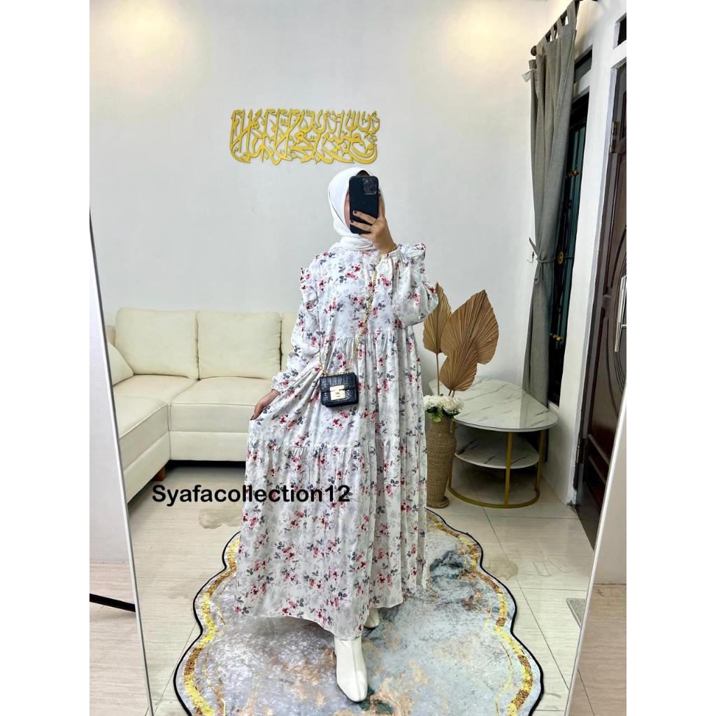 Syafacollection Daisy Midi Dress Rayon Premium Bunga Lengan Karet Busui