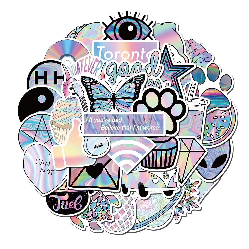 

[50 PCS ]Stiker Aesthetic Pack Lucu Perak Laser Decal Vinyl Anti Air-Sticker Buku Journal Koper Casing HP Laptop Helm Skateboard