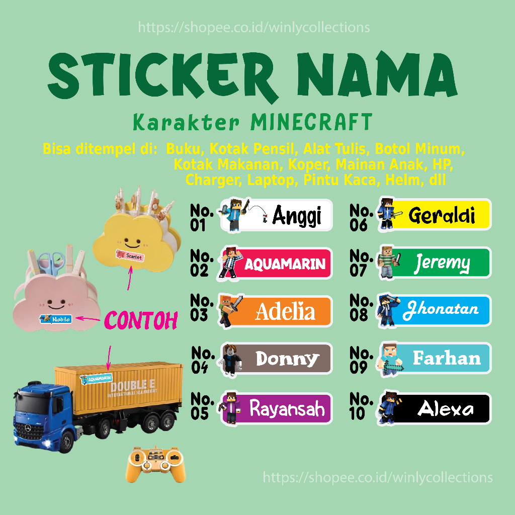 

STIKER LABEL NAMA MINECRAFT GAME STICKER CUSTOM LEBEL PREMIUM MURAH LUCU BISA TEMPEL DI BUKU KOTAK PENSIL HELM BOTOL MINUM KOTAK MAKANAN ALAT TULIS KOPER LAPTOP HP PINTU KACA MAINAN ANAK