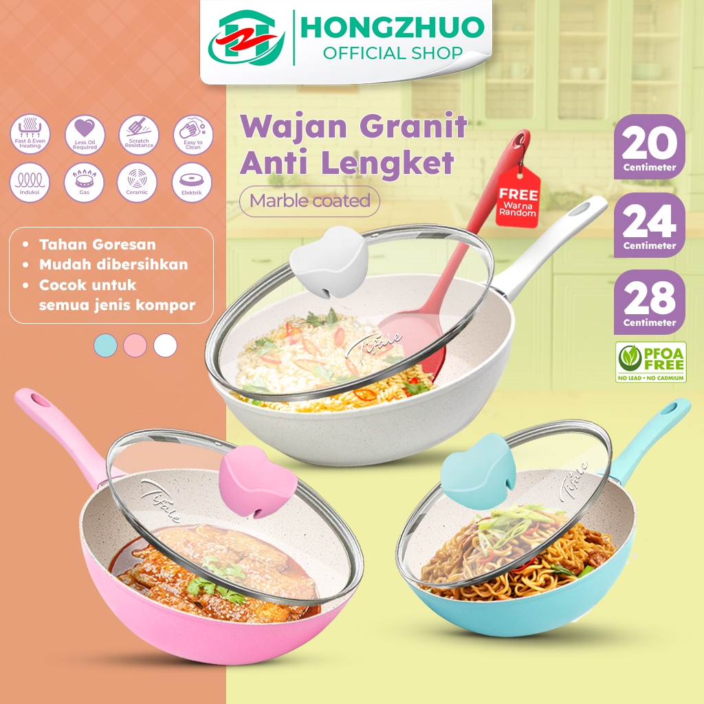 Tifale by Hongzhuo Wok Pan 20cm 24cm 28cm Panci Penggorengan Wokpan White Marble Pastel/Panci Masak 