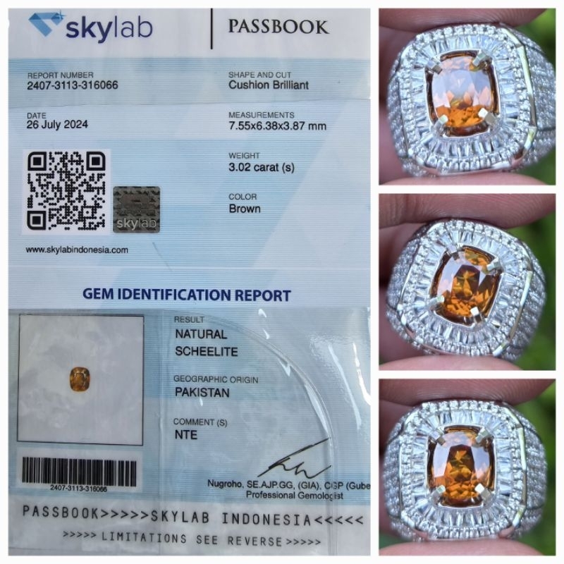 Natural Rare Gemstone Scheelite Sertifikat 3.02 crt