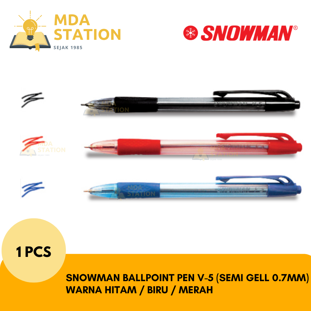 

SNOWMAN Ballpoint Pen V-5 SEMI GELL 0.7 mm Warna Hitam / Biru / Merah (SATUAN) | MDA STATION