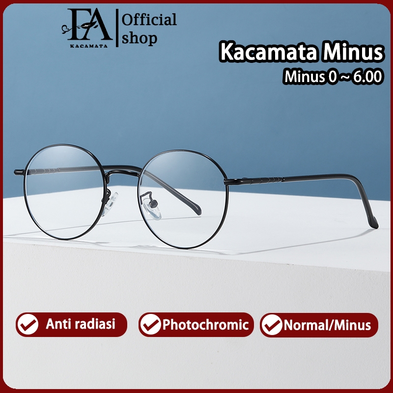 FOMAMATA Kacamata Minus Anti Radiasi Wanita Logam Bingkai Bulat Photocromic Fashion Kaca Mata Optik