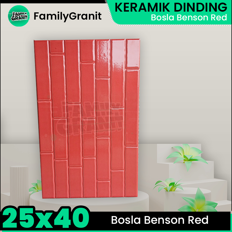 Keramik Dinding 25x40 Bosla Benson Red Wall Tile Motif Bata Merah Glossy Embossed