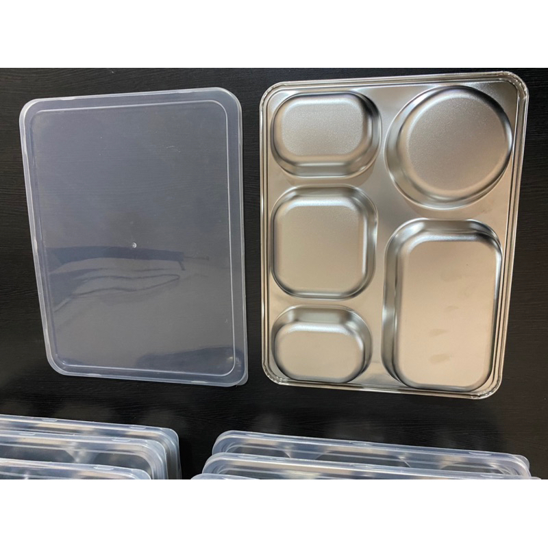 Food Tray Piring Stainless Lunch Box Set Tebal + Tutup Plastik Tempat Makan