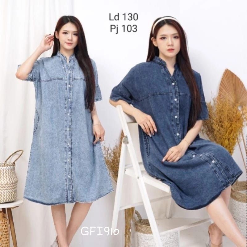 GFI910 Dress Wanita jeans denim jumbo LD130 PJ103 Full kancing midi polos
