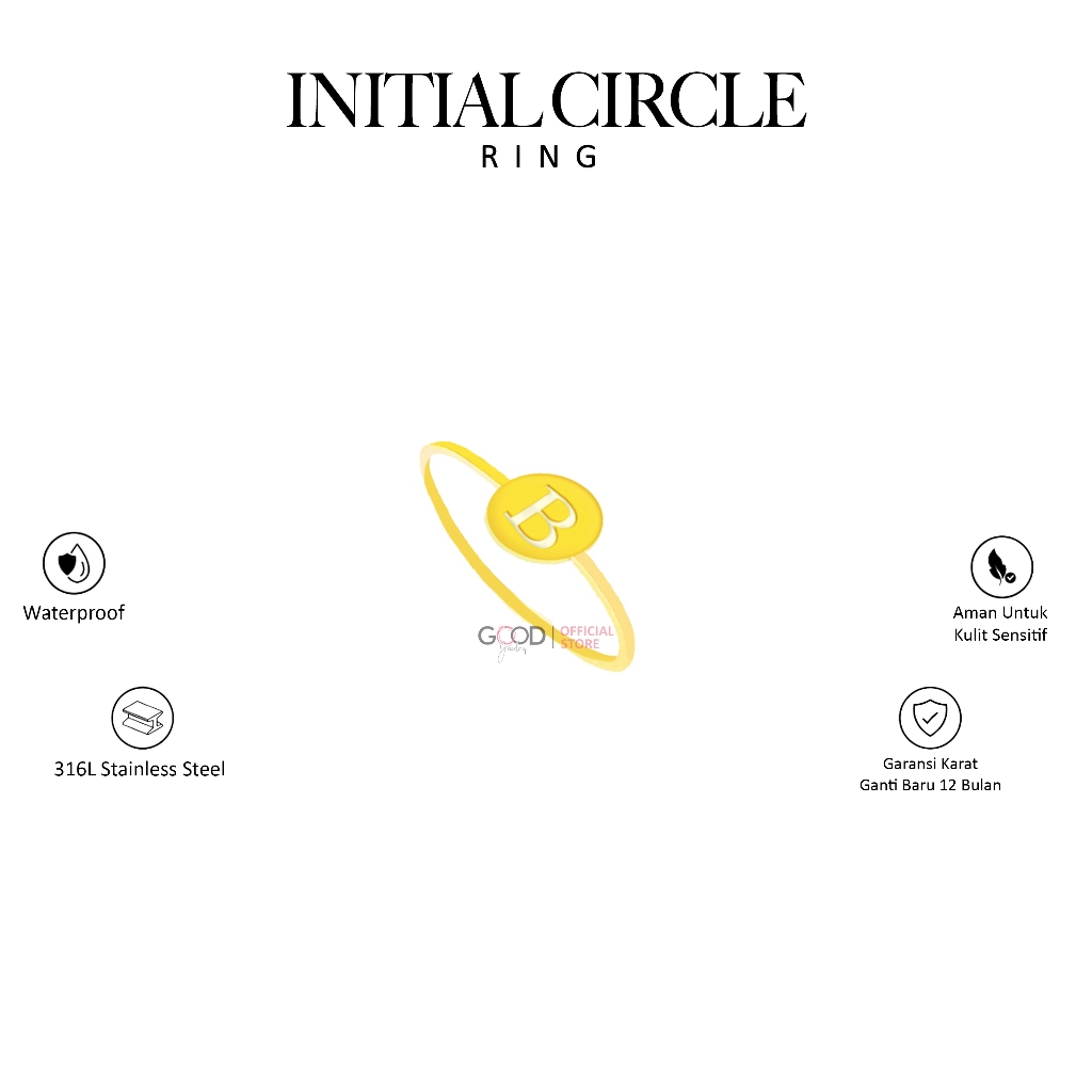Cincin Huruf TItanium 316L Stainleess Steel Lapis Emas 18K - Initial Circle Ring