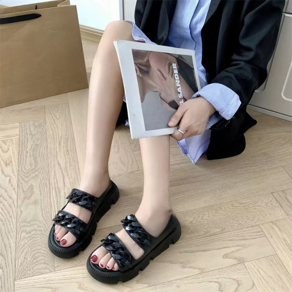 Sandal Wanita, Sandal Jelly Wanita, Anti Selip Berwarna Hitam, Dengan Hak Tinggi Miring