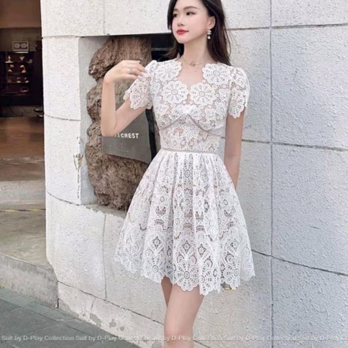 51501 Baju minidresss LERINA LACE BROKAT VNECK MINI DRESS hitam putih polos dres pendek Korean style