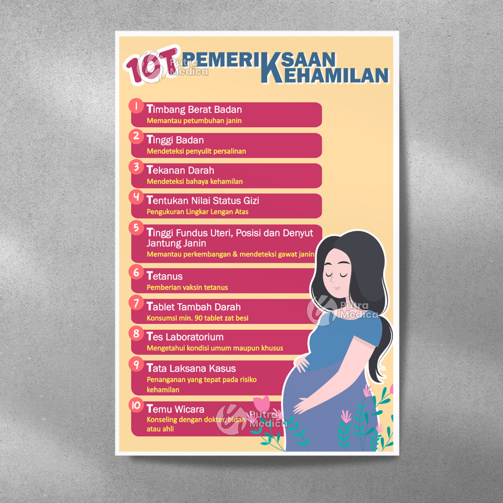 Poster Kesehatan 10T Pemeriksaan Kehamilan A3+ / Gambar Edukasi Kebidanan / Persiapan Persalinan